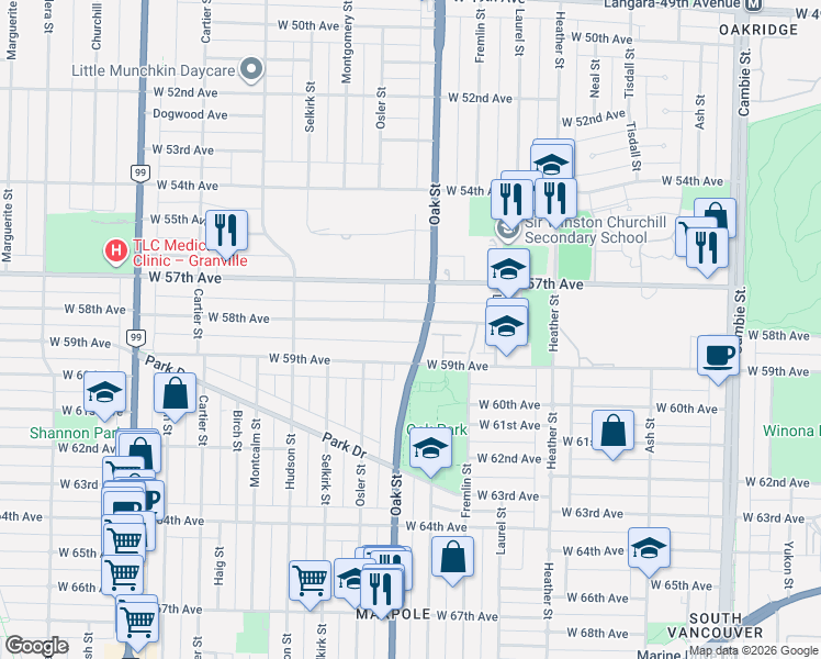 map of restaurants, bars, coffee shops, grocery stores, and more near 1028 West 58th Avenue in Vancouver