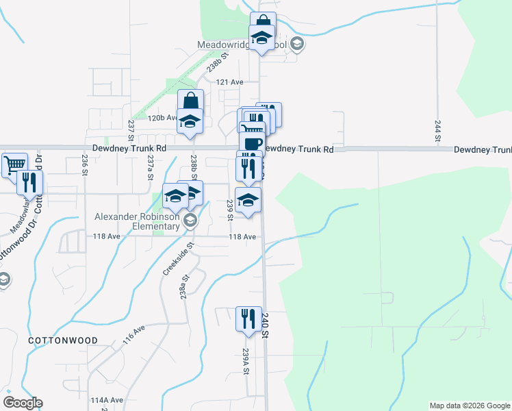 map of restaurants, bars, coffee shops, grocery stores, and more near 11877 240 Street in Maple Ridge