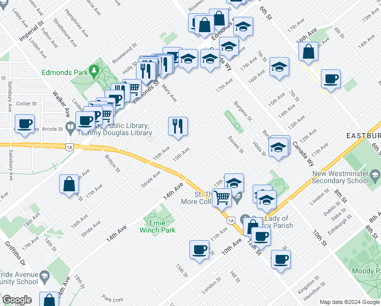 map of restaurants, bars, coffee shops, grocery stores, and more near 7551 Humphries Court in Burnaby