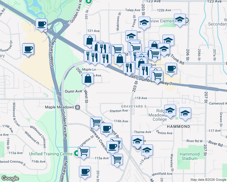 map of restaurants, bars, coffee shops, grocery stores, and more near 20217 Patterson Avenue in Maple Ridge