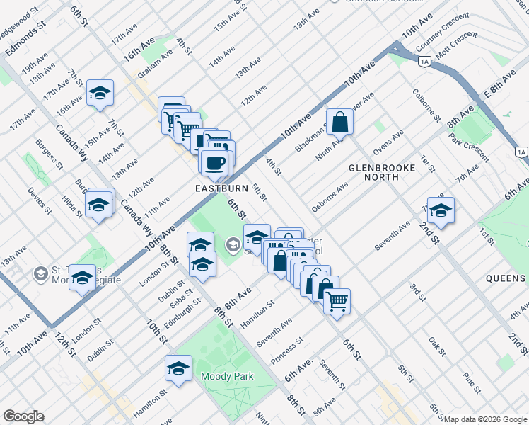 map of restaurants, bars, coffee shops, grocery stores, and more near 902 5th Street in New Westminster
