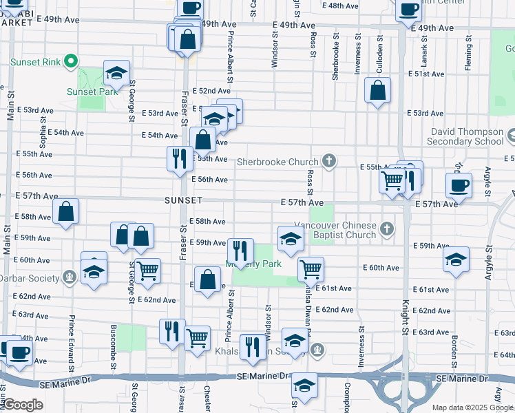 map of restaurants, bars, coffee shops, grocery stores, and more near 926 East 57th Avenue in Vancouver
