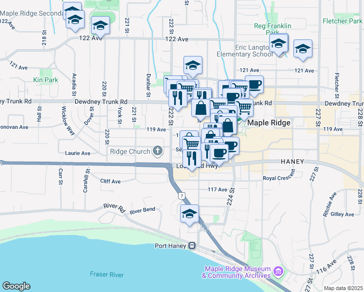 map of restaurants, bars, coffee shops, grocery stores, and more near 22241 Selkirk Avenue in Maple Ridge