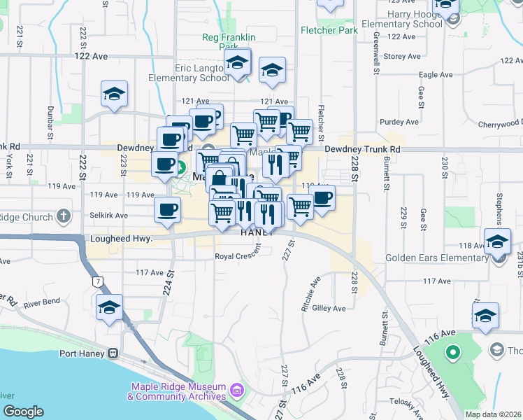 map of restaurants, bars, coffee shops, grocery stores, and more near 11862 226 Street in Maple Ridge