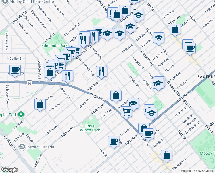 map of restaurants, bars, coffee shops, grocery stores, and more near 7559 Humphries Court in Burnaby