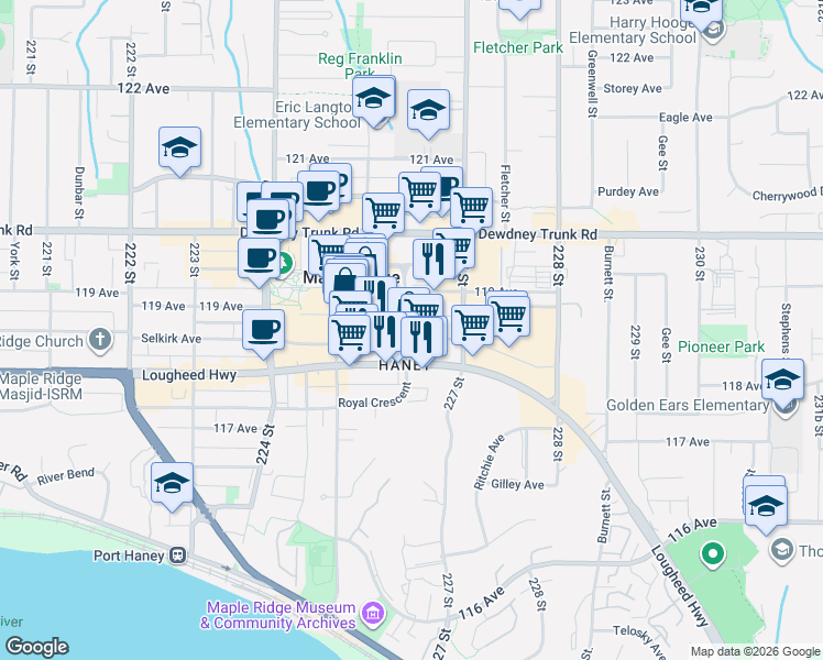 map of restaurants, bars, coffee shops, grocery stores, and more near in Maple Ridge