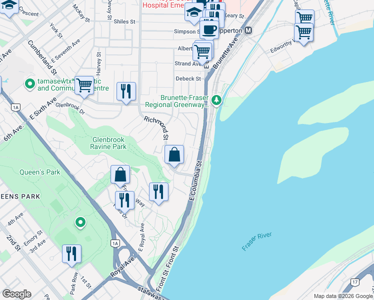 map of restaurants, bars, coffee shops, grocery stores, and more near 319 Governors Court in New Westminster