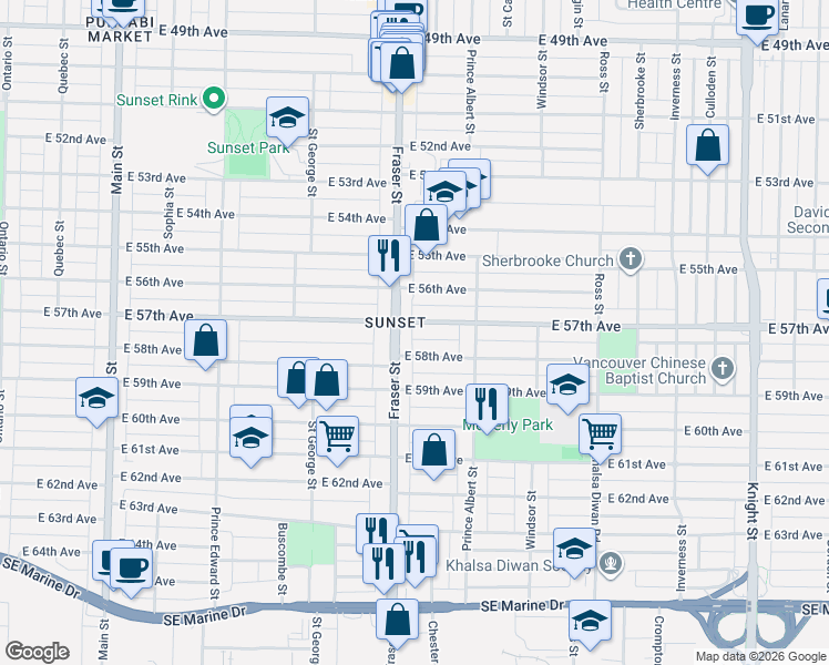 map of restaurants, bars, coffee shops, grocery stores, and more near in Vancouver