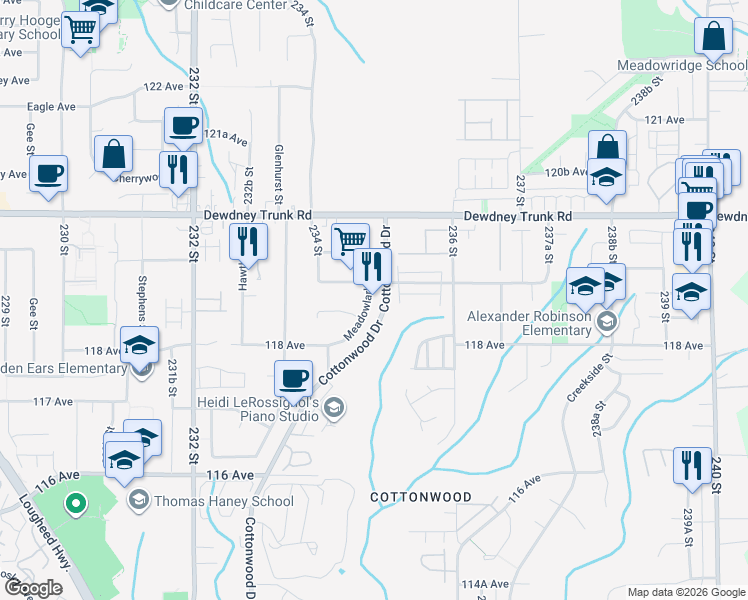map of restaurants, bars, coffee shops, grocery stores, and more near 35 Cottonwood Drive in Maple Ridge