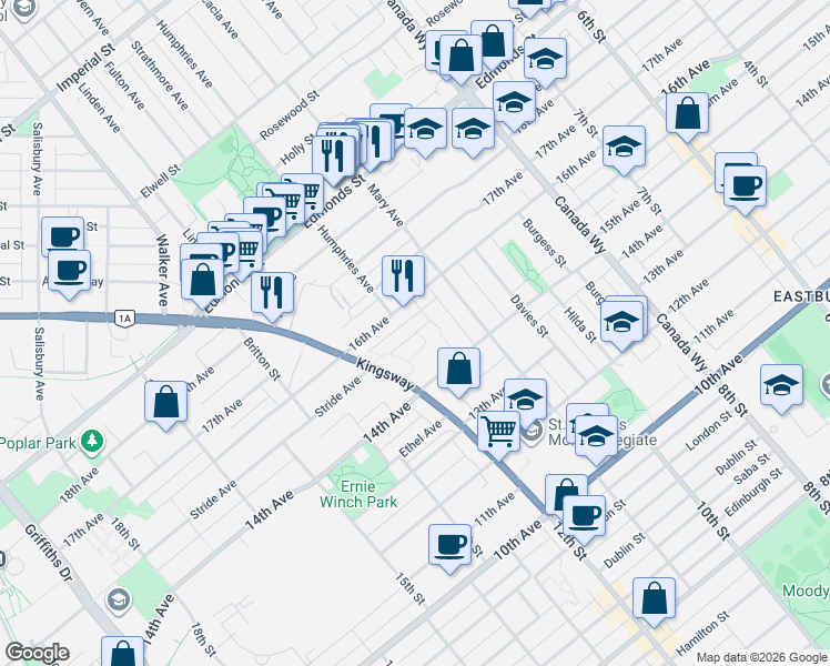 map of restaurants, bars, coffee shops, grocery stores, and more near 7599 15th Avenue in Burnaby