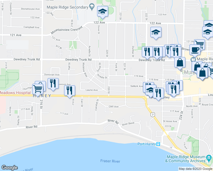map of restaurants, bars, coffee shops, grocery stores, and more near 11859 220 Street in Maple Ridge