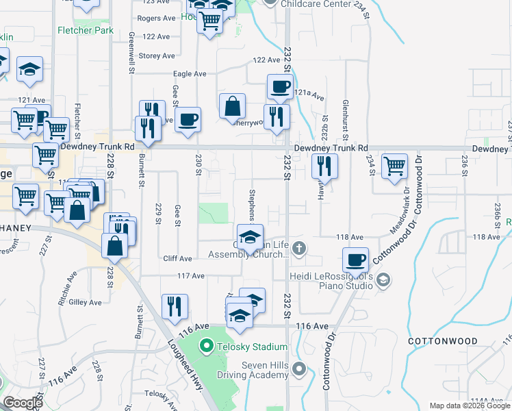 map of restaurants, bars, coffee shops, grocery stores, and more near 11866 Stephens Street in Maple Ridge