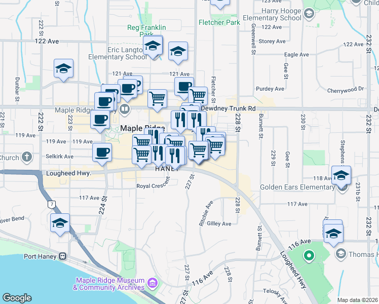 map of restaurants, bars, coffee shops, grocery stores, and more near in Maple Ridge