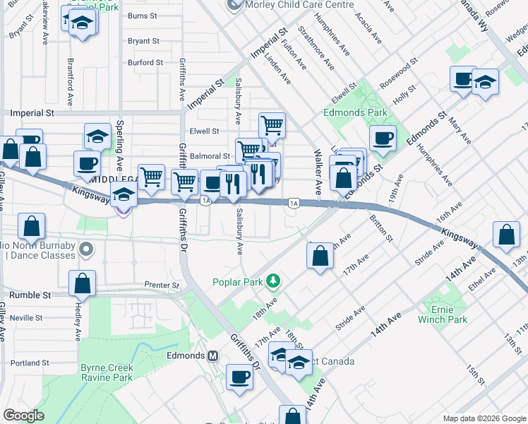 map of restaurants, bars, coffee shops, grocery stores, and more near 7225 Acorn Avenue in Burnaby