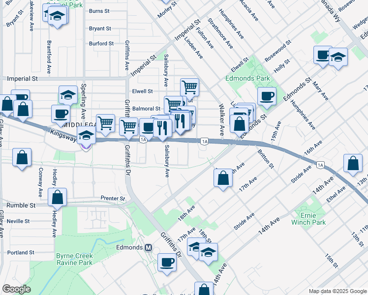 map of restaurants, bars, coffee shops, grocery stores, and more near 7225 Acorn Avenue in North Vancouver