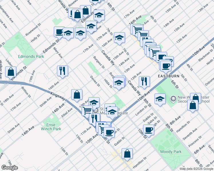 map of restaurants, bars, coffee shops, grocery stores, and more near 7697 Hilda Street in Burnaby