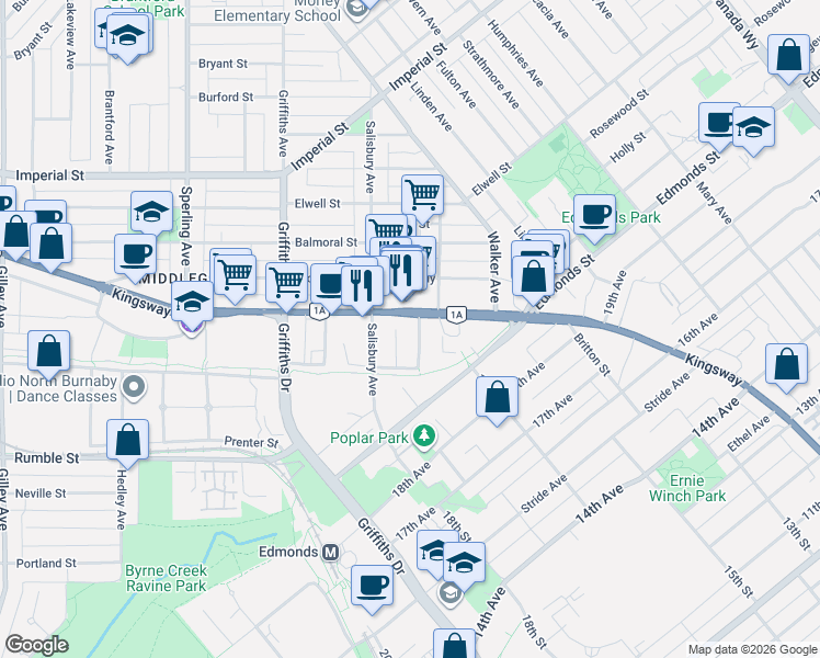 map of restaurants, bars, coffee shops, grocery stores, and more near 7225 Acorn Avenue in North Vancouver