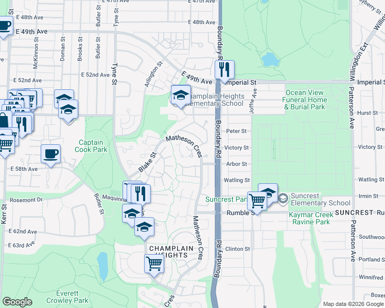 map of restaurants, bars, coffee shops, grocery stores, and more near 7361 Liard Place in Vancouver