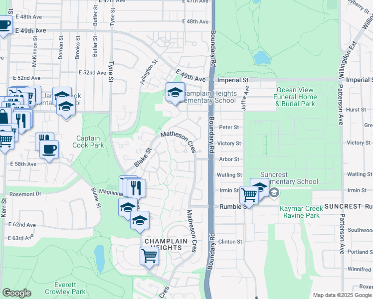 map of restaurants, bars, coffee shops, grocery stores, and more near 7361 Liard Place in Vancouver