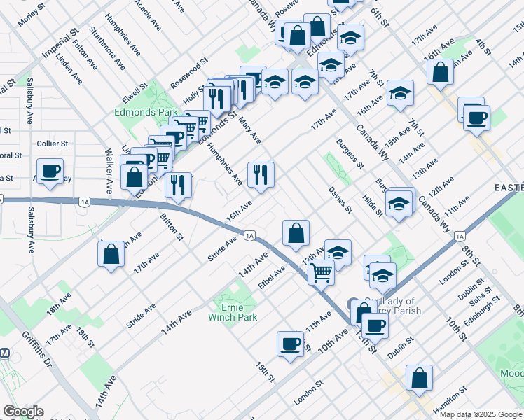 map of restaurants, bars, coffee shops, grocery stores, and more near 7441 15th Avenue in Burnaby