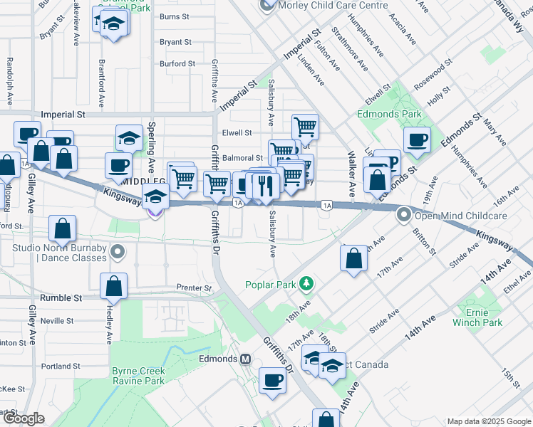 map of restaurants, bars, coffee shops, grocery stores, and more near 7235 Salisbury Avenue in Burnaby