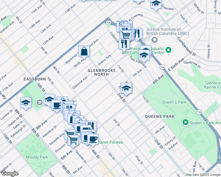 map of restaurants, bars, coffee shops, grocery stores, and more near 708 2nd Street in New Westminster