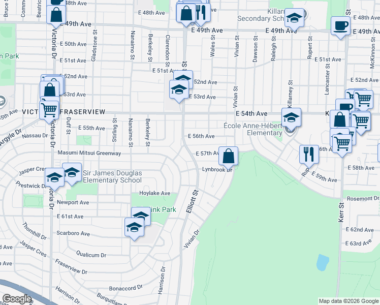 map of restaurants, bars, coffee shops, grocery stores, and more near Elliott Street in Vancouver