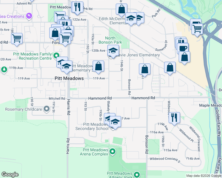 map of restaurants, bars, coffee shops, grocery stores, and more near 11854 Blakely Road in Pitt Meadows
