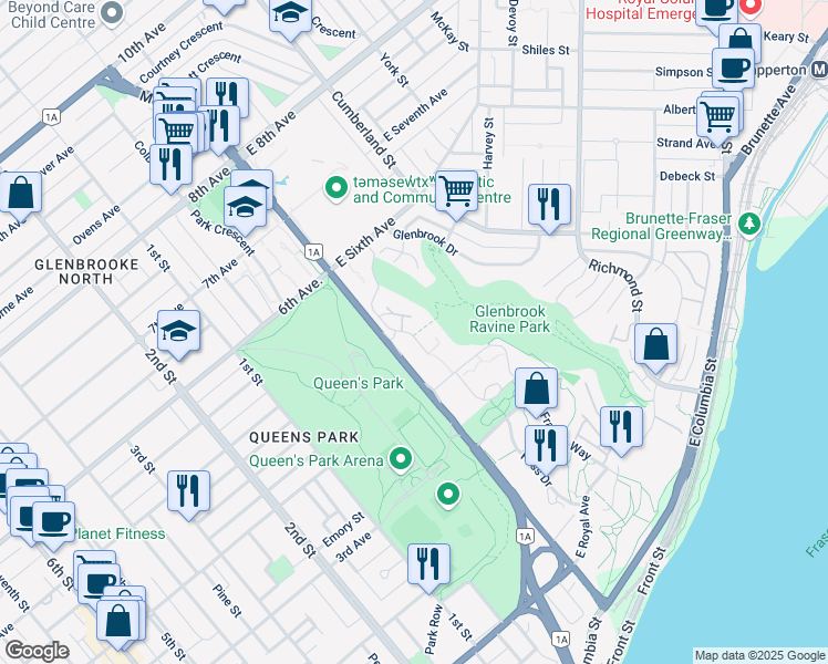 map of restaurants, bars, coffee shops, grocery stores, and more near in New Westminster