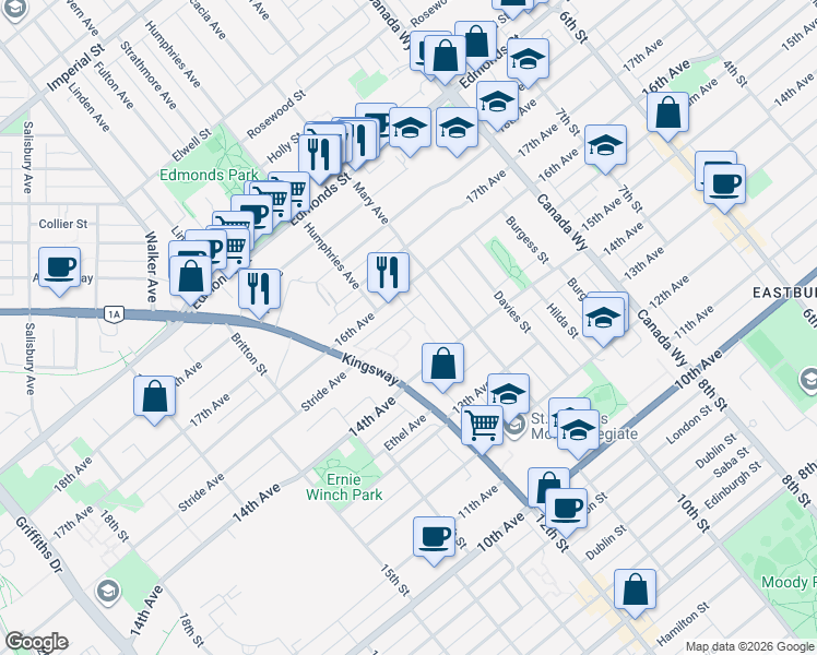 map of restaurants, bars, coffee shops, grocery stores, and more near 7553 Humphries Court in Burnaby