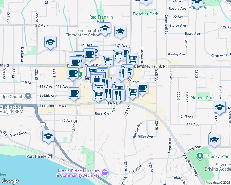 map of restaurants, bars, coffee shops, grocery stores, and more near 11862 226 Street in Maple Ridge