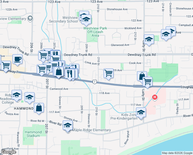 map of restaurants, bars, coffee shops, grocery stores, and more near 3 210 Street in Maple Ridge