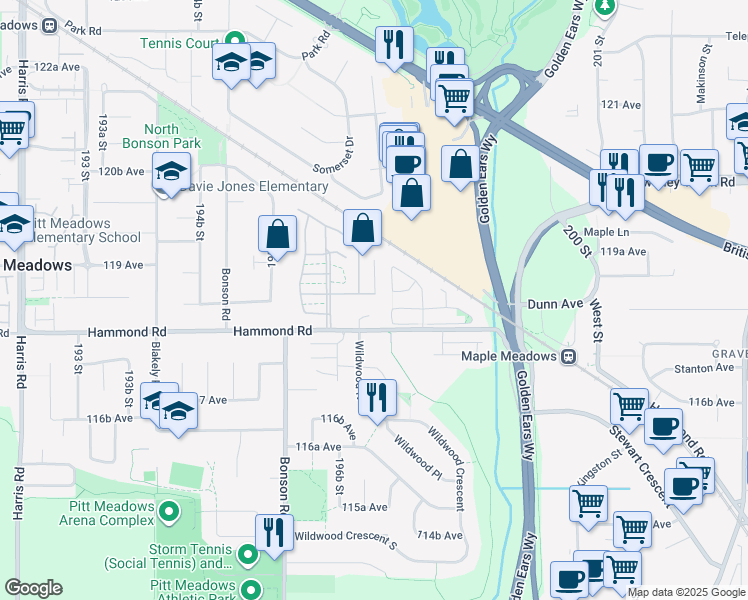 map of restaurants, bars, coffee shops, grocery stores, and more near 19728 Poplar Place in Pitt Meadows