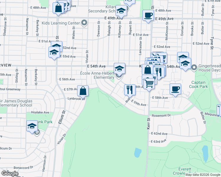 map of restaurants, bars, coffee shops, grocery stores, and more near 7281 Elmhurst Drive in Vancouver