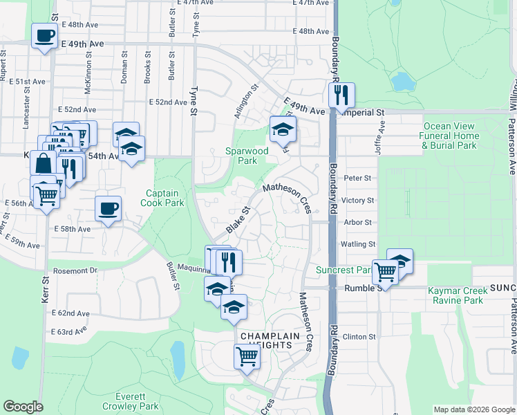 map of restaurants, bars, coffee shops, grocery stores, and more near 7276 Appledale Place in Vancouver