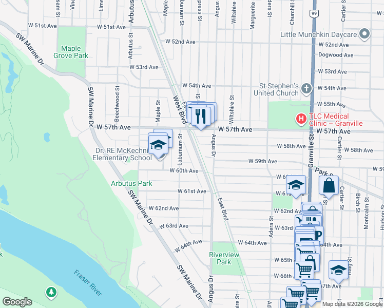 map of restaurants, bars, coffee shops, grocery stores, and more near 7405 West Boulevard in Vancouver