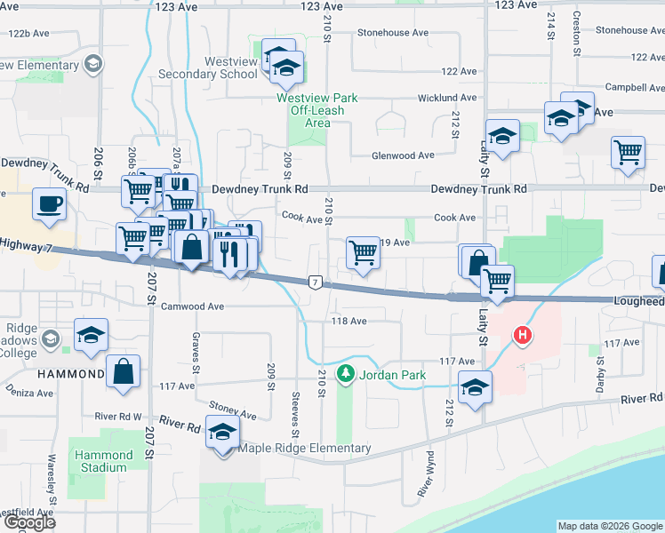 map of restaurants, bars, coffee shops, grocery stores, and more near 11860 210 Street in Maple Ridge