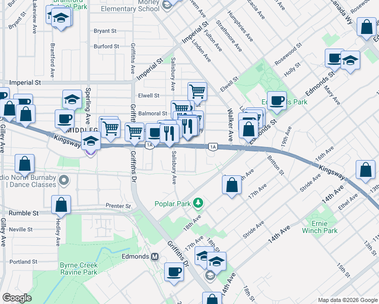 map of restaurants, bars, coffee shops, grocery stores, and more near 7225 Acorn Avenue in Burnaby
