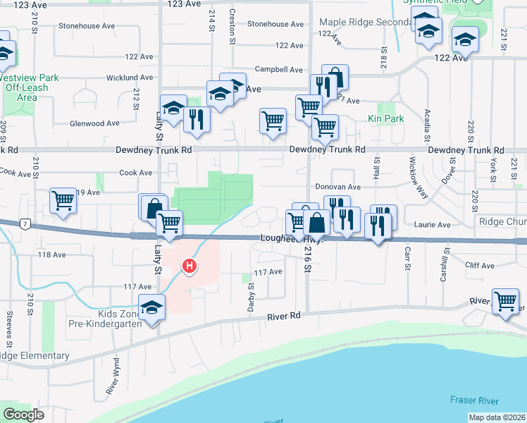 map of restaurants, bars, coffee shops, grocery stores, and more near 11880 Cherrington Place in Maple Ridge