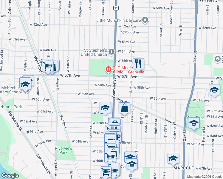 map of restaurants, bars, coffee shops, grocery stores, and more near 7433 Granville Street in Vancouver