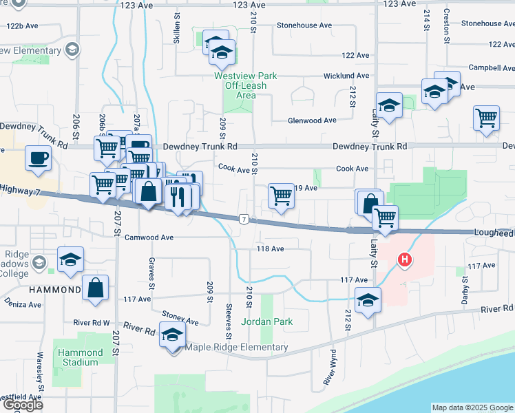 map of restaurants, bars, coffee shops, grocery stores, and more near 11860 210 Street in Maple Ridge