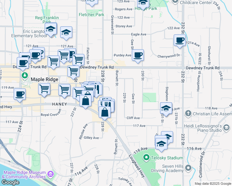 map of restaurants, bars, coffee shops, grocery stores, and more near in Maple Ridge