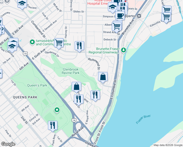 map of restaurants, bars, coffee shops, grocery stores, and more near 67 Miner Street in New Westminster