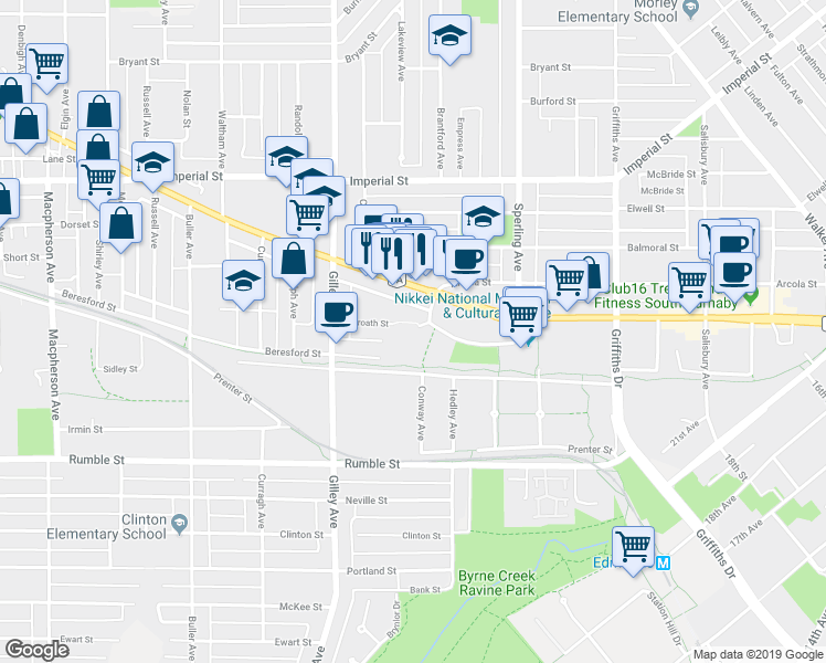 map of restaurants, bars, coffee shops, grocery stores, and more near Conway Lane in Burnaby