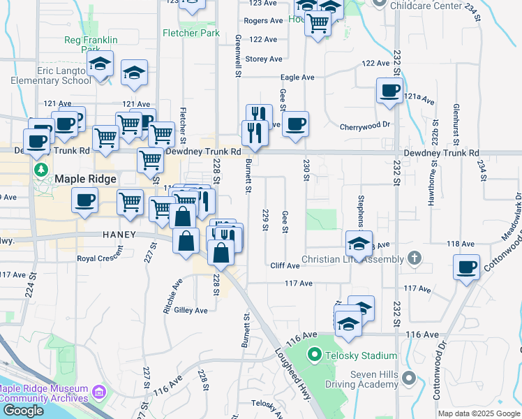 map of restaurants, bars, coffee shops, grocery stores, and more near 11881 229 Street in Maple Ridge