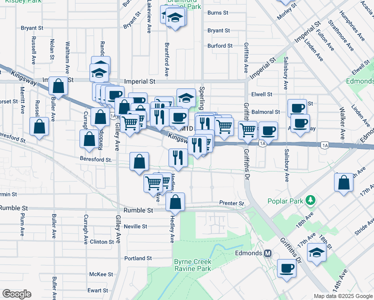 map of restaurants, bars, coffee shops, grocery stores, and more near 6659 Southoaks Crescent in Burnaby