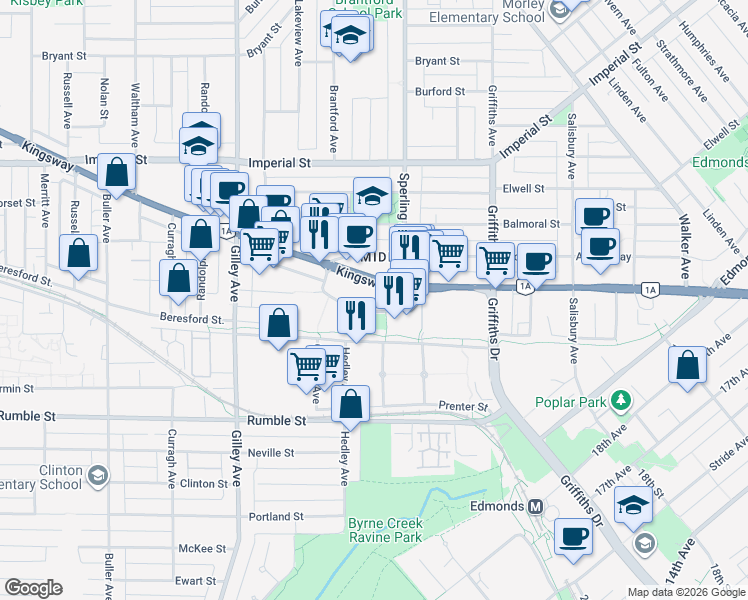 map of restaurants, bars, coffee shops, grocery stores, and more near 6677 Southoaks Crescent in Burnaby