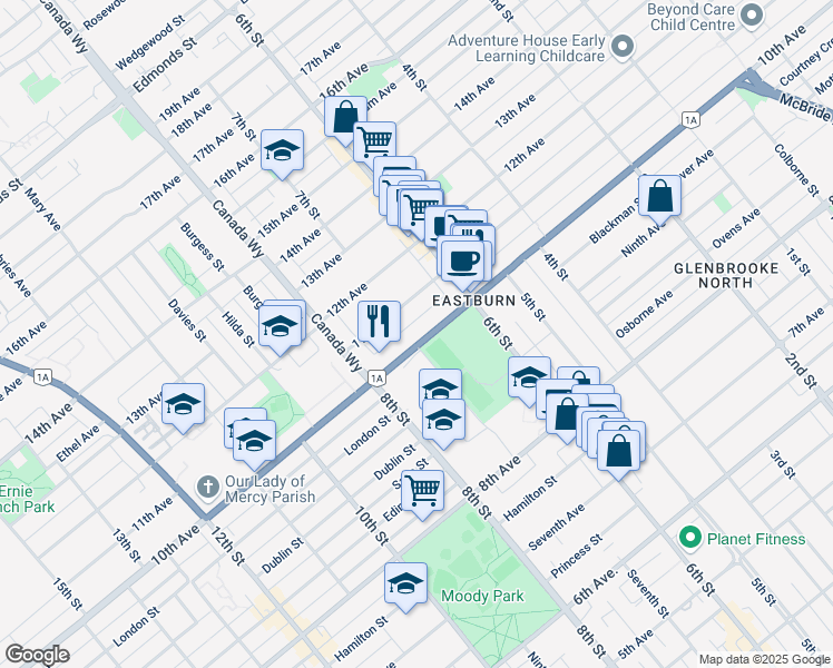map of restaurants, bars, coffee shops, grocery stores, and more near 7805 10th Avenue in Burnaby