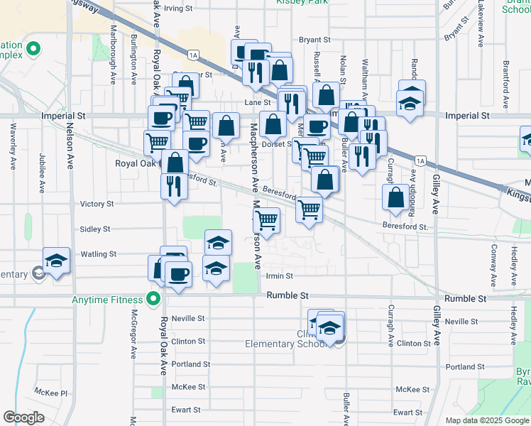 map of restaurants, bars, coffee shops, grocery stores, and more near 7232 Macpherson Avenue in Burnaby