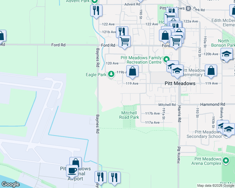 map of restaurants, bars, coffee shops, grocery stores, and more near 18907 118B Avenue in Pitt Meadows